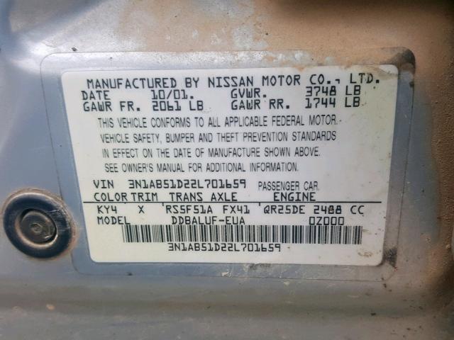 3N1AB51D22L701659 - 2002 NISSAN SENTRA SE- SILVER photo 10