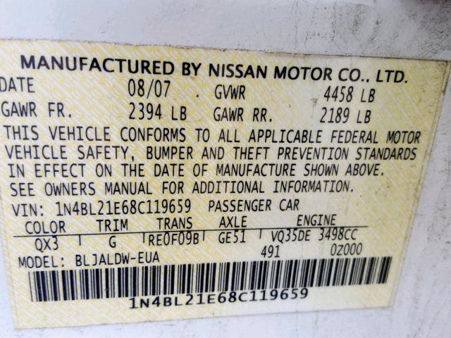 1N4BL21E68C119659 - 2008 NISSAN ALTIMA 3.5 WHITE photo 10