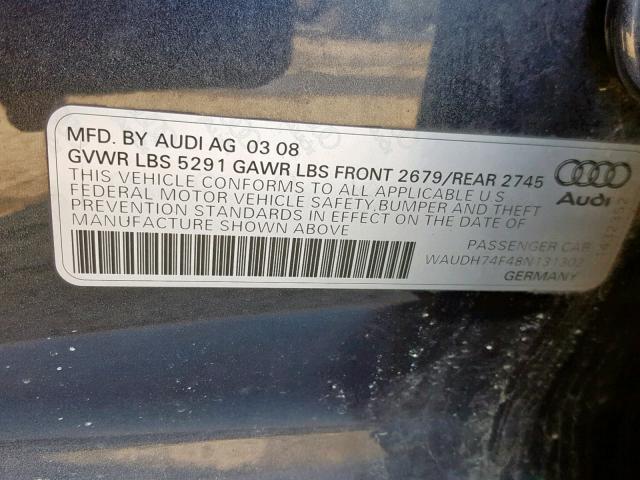 WAUDH74F48N131302 - 2008 AUDI A6 3.2 QUA GRAY photo 10