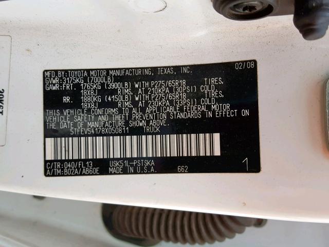 5TFEV54178X050811 - 2008 TOYOTA TUNDRA CRE WHITE photo 10