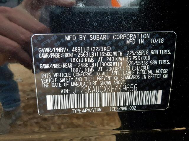 JF2SKAUCXKH449656 - 2019 SUBARU FORESTER L BLACK photo 10