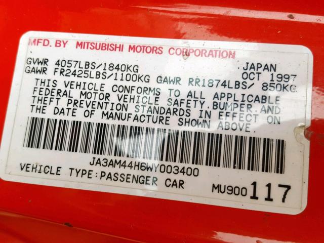 JA3AM44H6WY003400 - 1998 MITSUBISHI 3000 GT RED photo 10