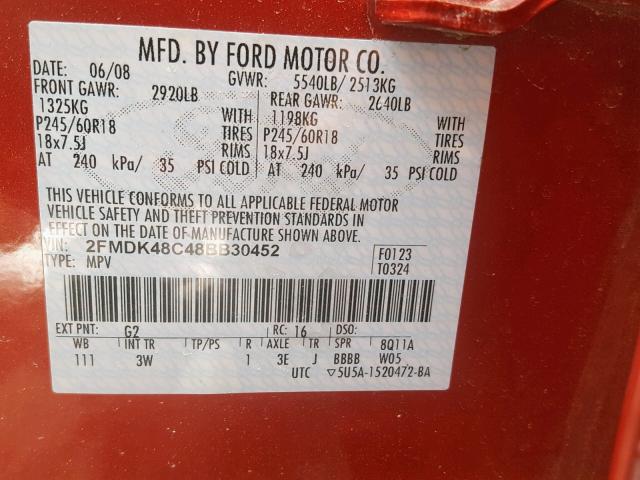 2FMDK48C48BB30452 - 2008 FORD EDGE SEL RED photo 10