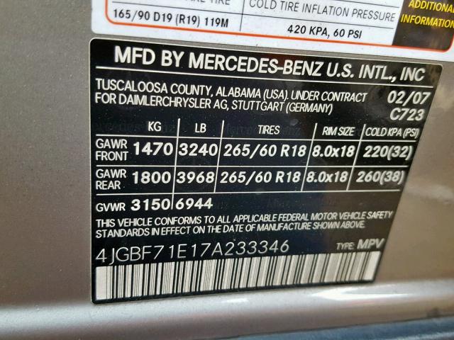 4JGBF71E17A233346 - 2007 MERCEDES-BENZ GL SILVER photo 10