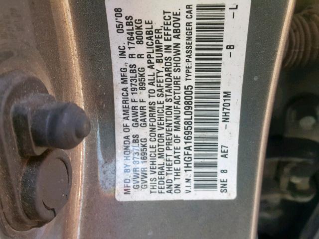 1HGFA16958L098005 - 2008 HONDA CIVIC EXL GRAY photo 10