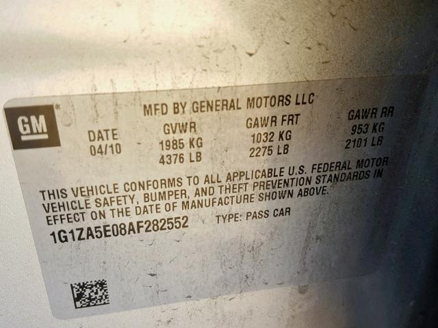 1G1ZA5E08AF282552 - 2010 CHEVROLET MALIBU LS ვერცხლისფერი ფოტო 10