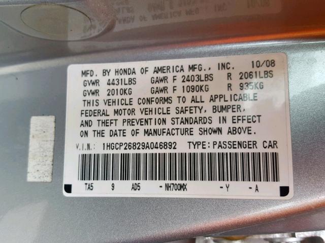 1HGCP26829A046892 - 2009 HONDA ACCORD EXL SILVER photo 10