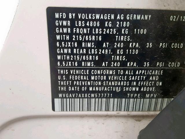 WVGAV7AX8CW577771 - 2012 VOLKSWAGEN TIGUAN S WHITE photo 10