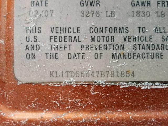 KL1TD66647B781854 - 2007 CHEVROLET AVEO BASE ნარინჯისფერი ფოტო 10