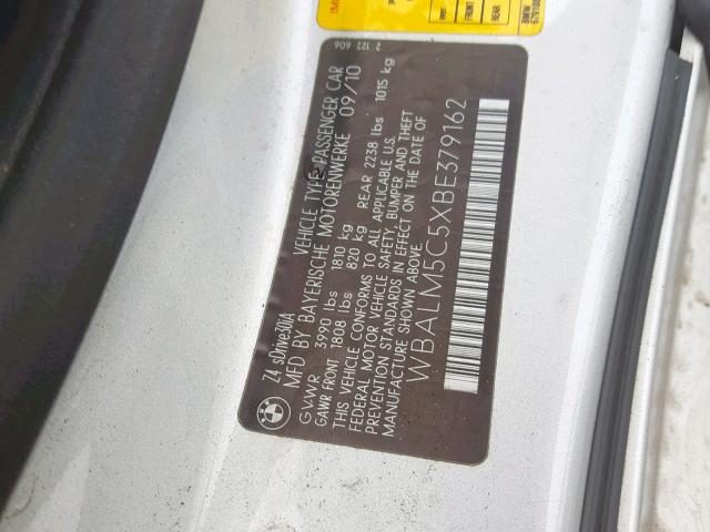 WBALM5C5XBE379162 - 2011 BMW Z4 SDRIVE3 Сріблястий фото 10