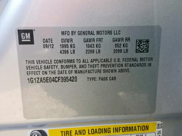 1G1ZA5E04CF395420 - 2012 CHEVROLET MALIBU LS ვერცხლისფერი ფოტო 10