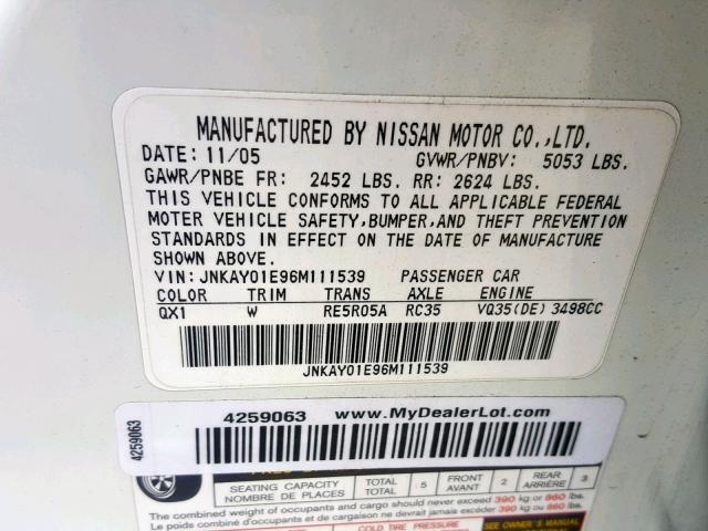 JNKAY01E96M111539 - 2006 INFINITI M35 BASE WHITE photo 10