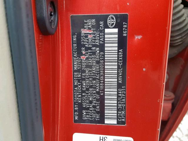 4T1BB46K98U056179 - 2008 TOYOTA CAMRY HYBR RED photo 10