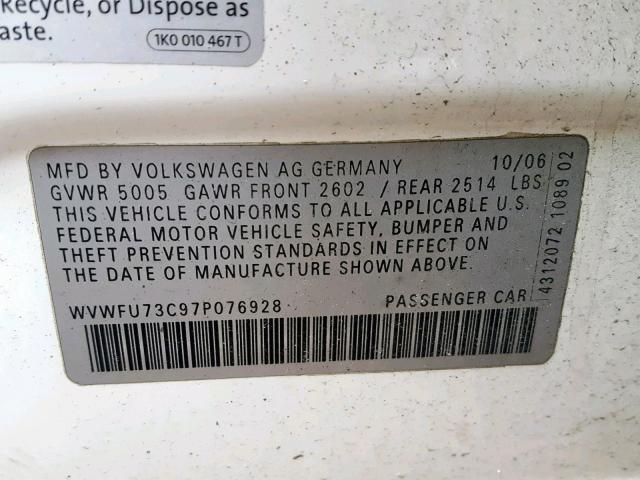 WVWFU73C97P076928 - 2007 VOLKSWAGEN PASSAT 3.6 WHITE photo 10