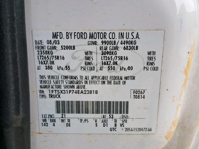 1FTSX31P74EA23818 - 2004 FORD F350 SRW S WHITE photo 10