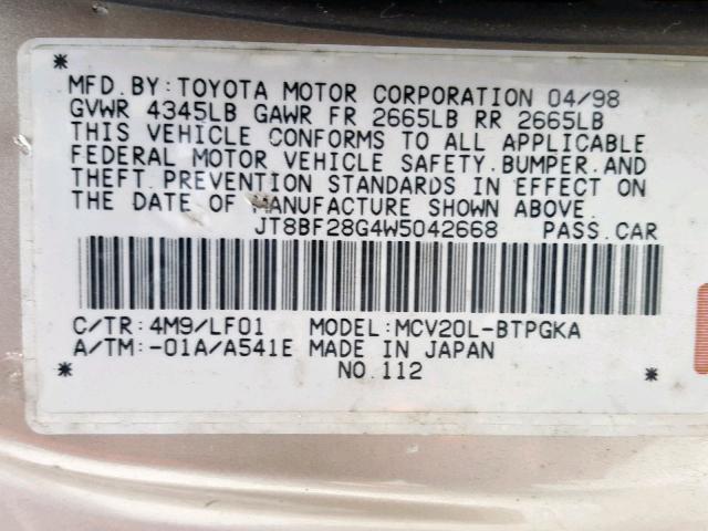 JT8BF28G4W5042668 - 1998 LEXUS ES 300 GOLD photo 10