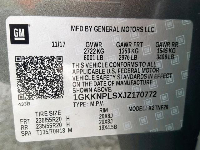 1GKKNPLSXJZ170772 - 2018 GMC ACADIA DEN GRAY photo 10