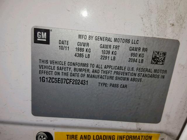 1G1ZC5E07CF202431 - 2012 CHEVROLET MALIBU 1LT WHITE photo 10