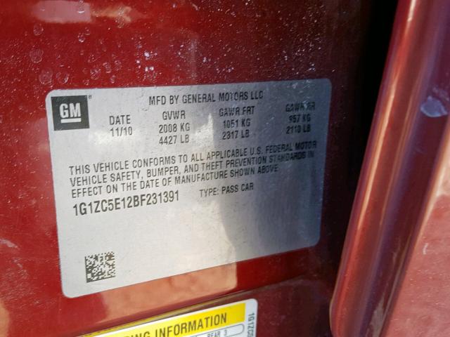 1G1ZC5E12BF231391 - 2011 CHEVROLET MALIBU 1LT წითელი ფოტო 10