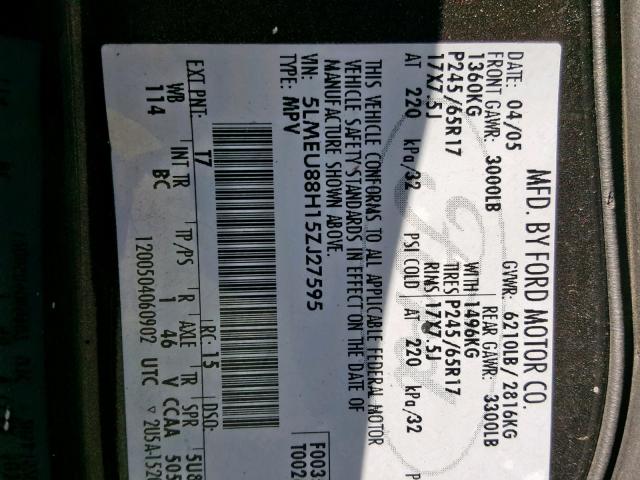 5LMEU88H15ZJ27595 - 2005 LINCOLN AVIATOR 棕色 照片 10