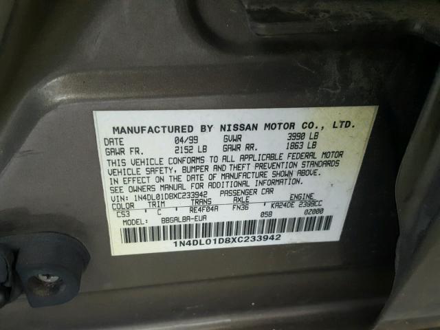 1N4DL01D8XC233942 - 1999 NISSAN ALTIMA XE GRAY photo 10