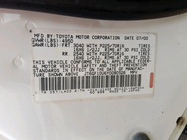 JT6GF10U6Y0080526 - 2000 LEXUS RX 300 WHITE photo 10