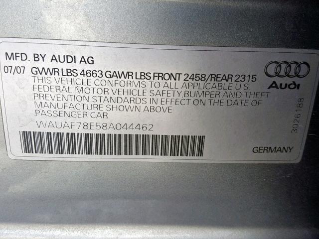 WAUAF78E58A044462 - 2008 AUDI A4 2.0T SILVER photo 10