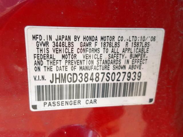 JHMGD38487S027939 - 2007 HONDA FIT RED photo 10