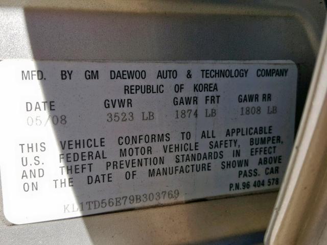 KL1TD56E79B303769 - 2009 CHEVROLET AVEO LS SILVER photo 10