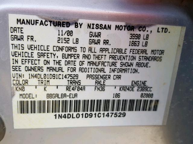 1N4DL01D91C147529 - 2001 NISSAN ALTIMA XE SILVER photo 10