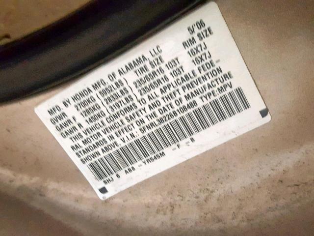 5FNRL38226B108488 - 2006 HONDA ODYSSEY LX TAN photo 10