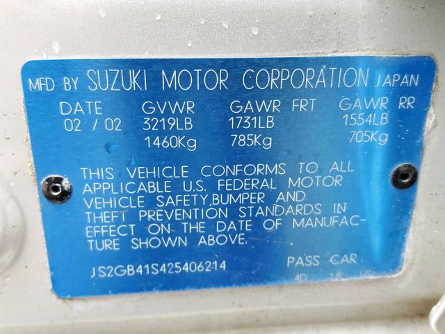 JS2GB41S425406214 - 2002 SUZUKI ESTEEM GL SILVER photo 10