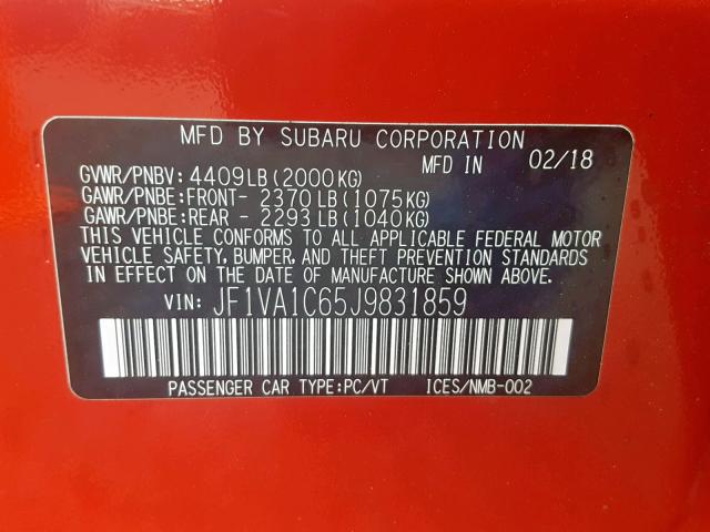 JF1VA1C65J9831859 - 2018 SUBARU WRX PREMIU RED photo 10