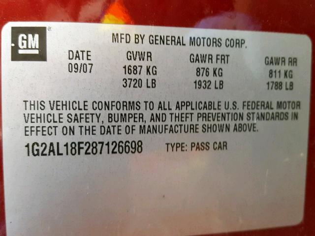 1G2AL18F287126698 - 2008 PONTIAC G5 MAROON photo 10
