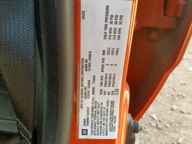 1GCDT43E288218980 - 2008 CHEVROLET COLORADO L ORANGE photo 10