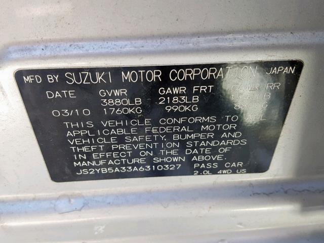 JS2YB5A33A6310327 - 2010 SUZUKI SX4 SILVER photo 10