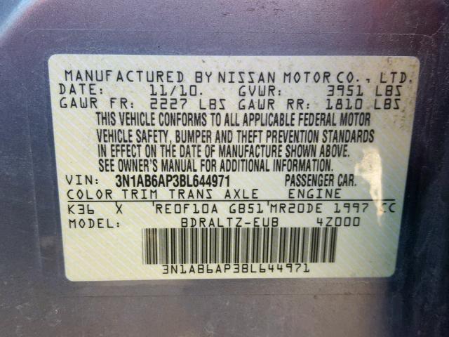 3N1AB6AP3BL644971 - 2011 NISSAN SENTRA 2.0 SILVER photo 10