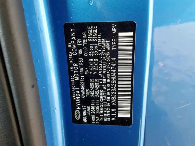 KM8J33A26HU447414 - 2017 HYUNDAI TUCSON LIM BLUE photo 10