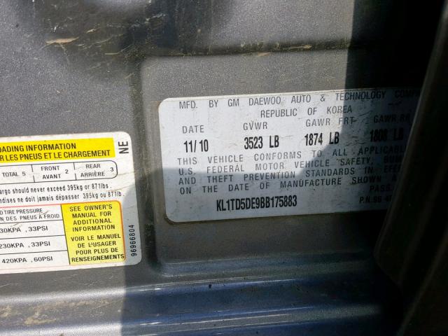 KL1TD5DE9BB175883 - 2011 CHEVROLET AVEO LS GRAY photo 10