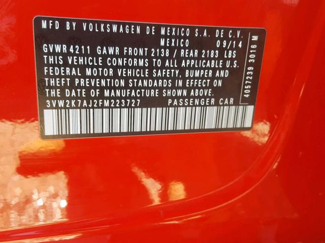 3VW2K7AJ2FM223727 - 2015 VOLKSWAGEN JETTA BASE RED photo 10