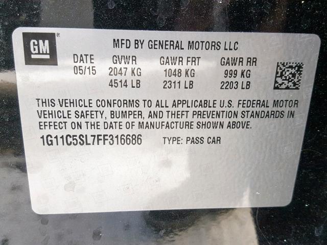 1G11C5SL7FF316686 - 2015 CHEVROLET MALIBU 1LT 黑色 照片 10