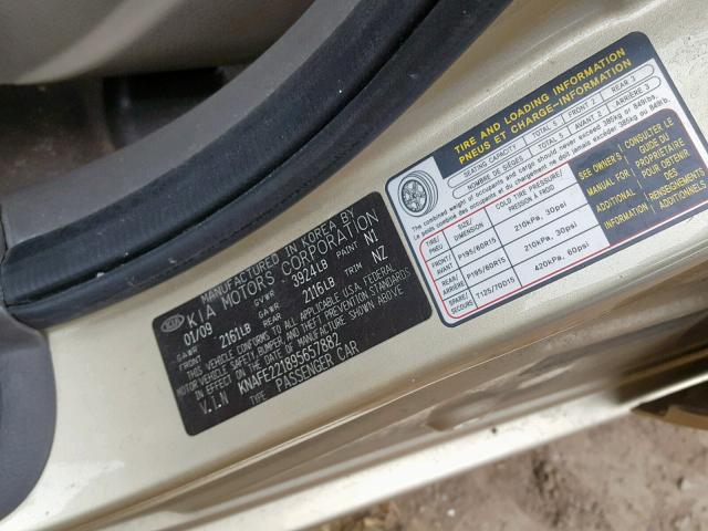 KNAFE221895657882 - 2009 KIA SPECTRA EX BEIGE photo 10