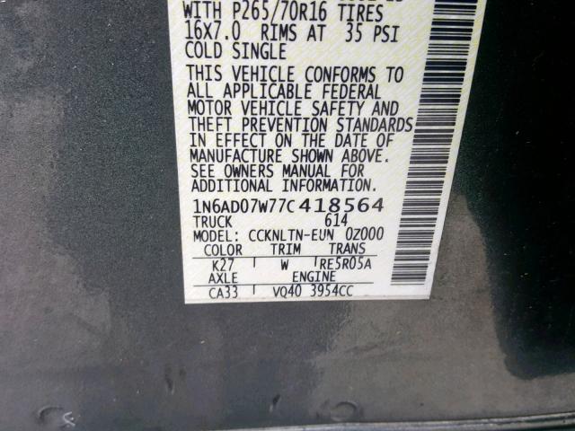 1N6AD07W77C418564 - 2007 NISSAN FRONTIER C GRAY photo 10