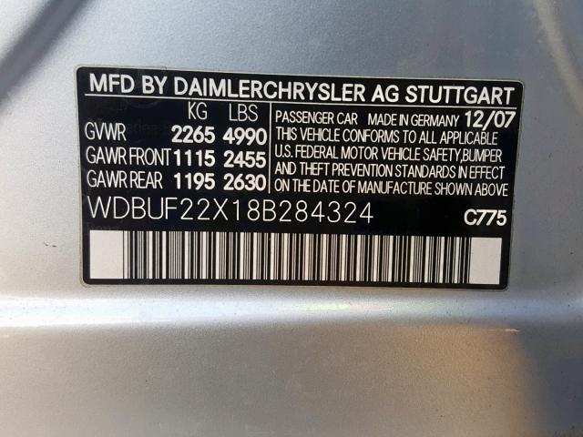 WDBUF22X18B284324 - 2008 MERCEDES-BENZ E 320 CDI GRAY photo 10