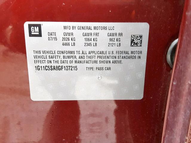 1G11C5SA8GF107215 - 2016 CHEVROLET MALIBU LIM 勃艮第红 照片 10