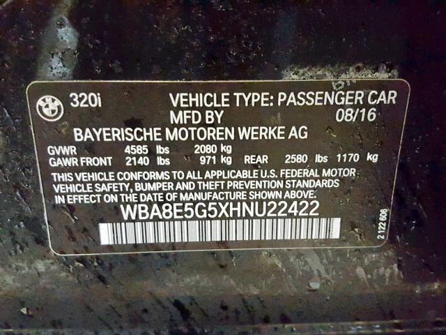 WBA8E5G5XHNU22422 - 2017 BMW 320 XI BLACK photo 10