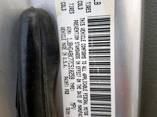 1J8HG48K77C510259 - 2007 JEEP COMMANDER SILVER photo 10