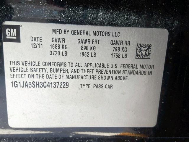 1G1JA5SH3C4137229 - 2012 CHEVROLET SONIC LS 黑色 照片 10