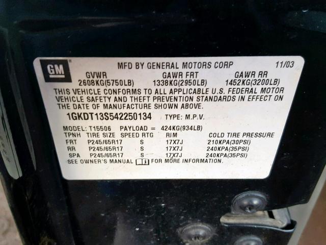 1GKDT13S542250134 - 2004 GMC ENVOY BLACK photo 10