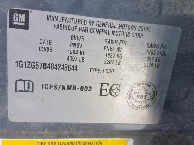 1G1ZG57B484248644 - 2008 CHEVROLET MALIBU LS GRAY photo 10